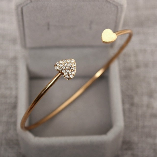 Adjustable Crystal Double Heart Bow Bilezik Cuff Opening Bracelet