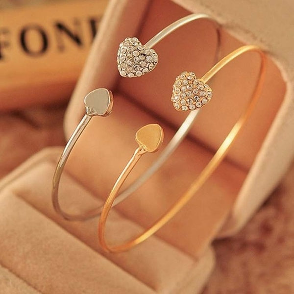 Adjustable Crystal Double Heart Bow Bilezik Cuff Opening Bracelet