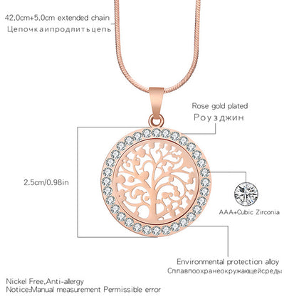 Tree of Life Crystal Round Small Pendant Necklace Gold Silver