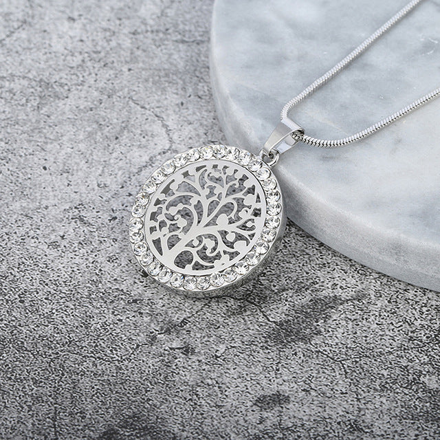 Tree of Life Crystal Round Small Pendant Necklace Gold Silver
