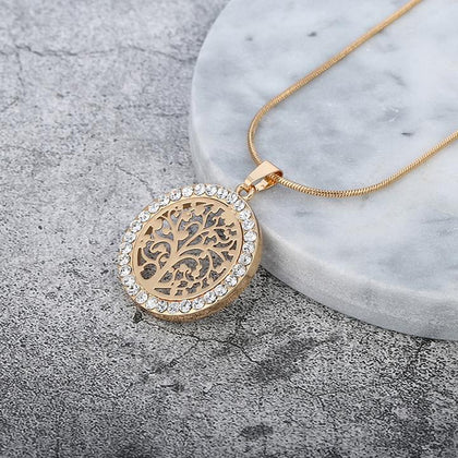 Tree of Life Crystal Round Small Pendant Necklace Gold Silver