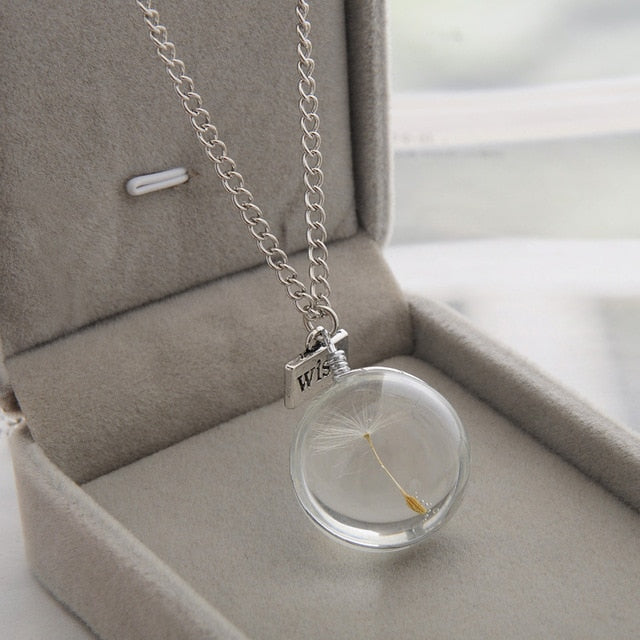 LKO Fashion Real Dandelion Crystal Necklace Glass