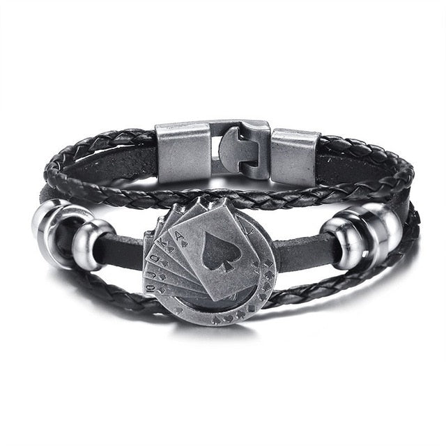 Vnox Lucky Vintage Men's Leather Bracelet Playing
