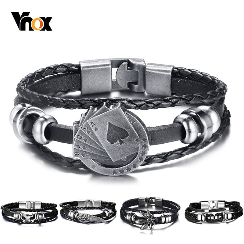 Vnox Lucky Vintage Men's Leather Bracelet Playing